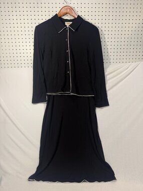 Talbots Black & White Piping Knit Skirt Blouse Set Medium Petite MP Vintage